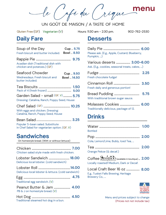 ENGLISH 2026 Café du Crique Menu