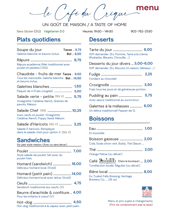 FRANÇAIS 2026 Café du Crique Menu