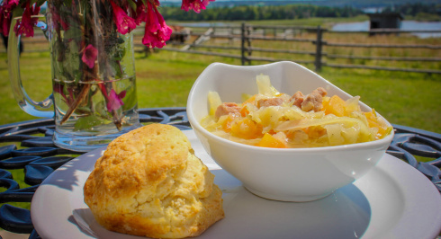 Corned Beef and Cabbage Soup with freshly made tea biscuit and real butter